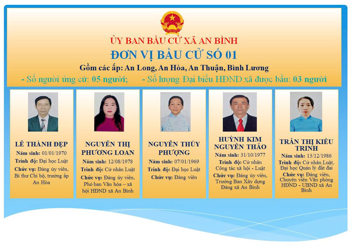 XÃ AN BÌNH NIÊM YẾT DANH SÁCH VÀ TIỂU SỬ TÓM TẮT NGƯỜI ỨNG CỬ ĐẠI BIỂU HỘI ĐỒNG NHÂN DÂN XÃ, NHIỆM KỲ 2026 - 2031 TẠI ĐƠN VỊ BẦU CỬ SỐ 1